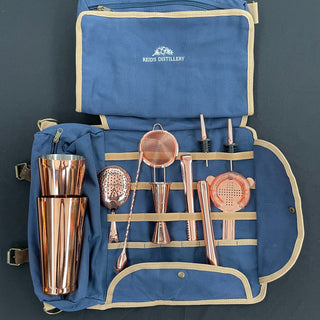 11-Piece Copper Shaker Set with Blue Canvas Cocktail bag